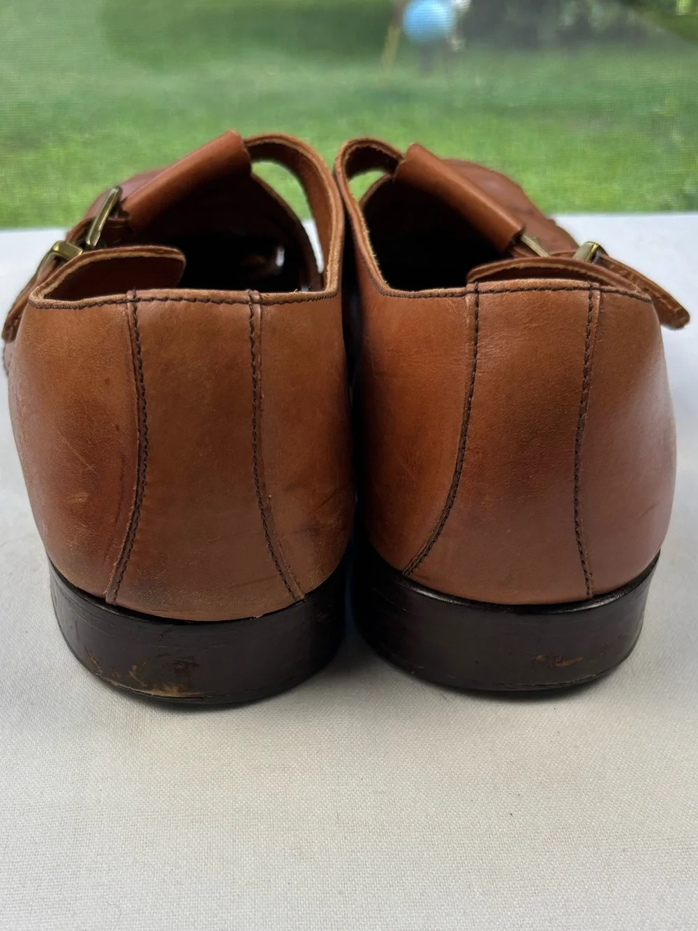 Bass Muzi Loafers British Tan Men’s Size 12 Leather Monk Strap Sandals w/Buckle